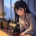 鉄道模型を眺める女の子 3枚目