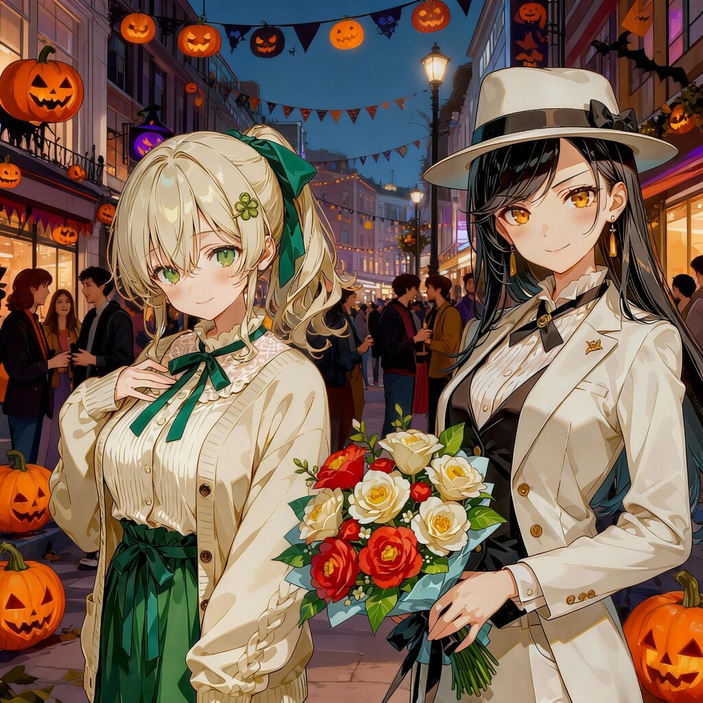 ハロウィンとかぼちゃの街 (Seedream 画像元生成で複数人を検証)