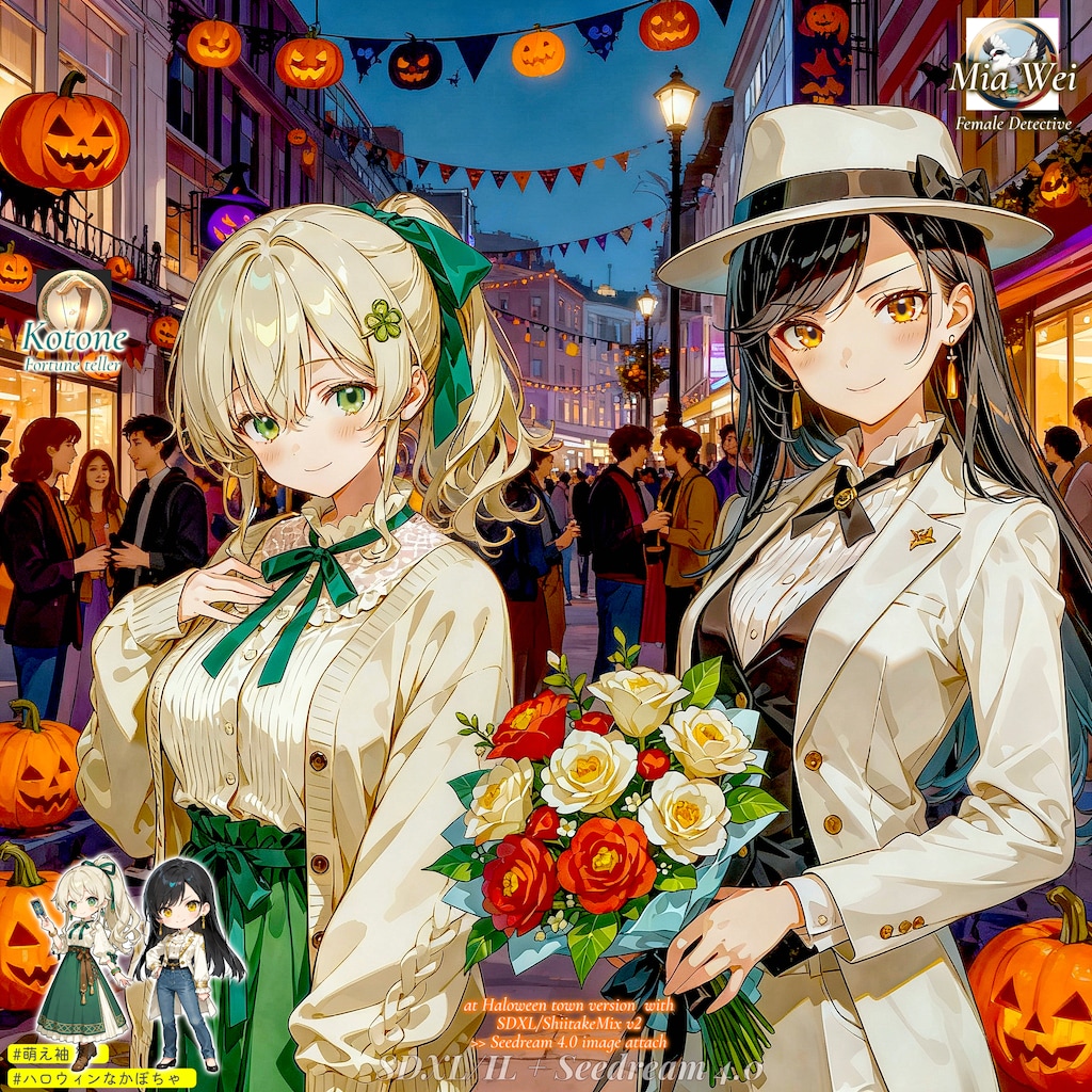 ハロウィンとかぼちゃの街 (Seedream 画像元生成で複数人を検証)