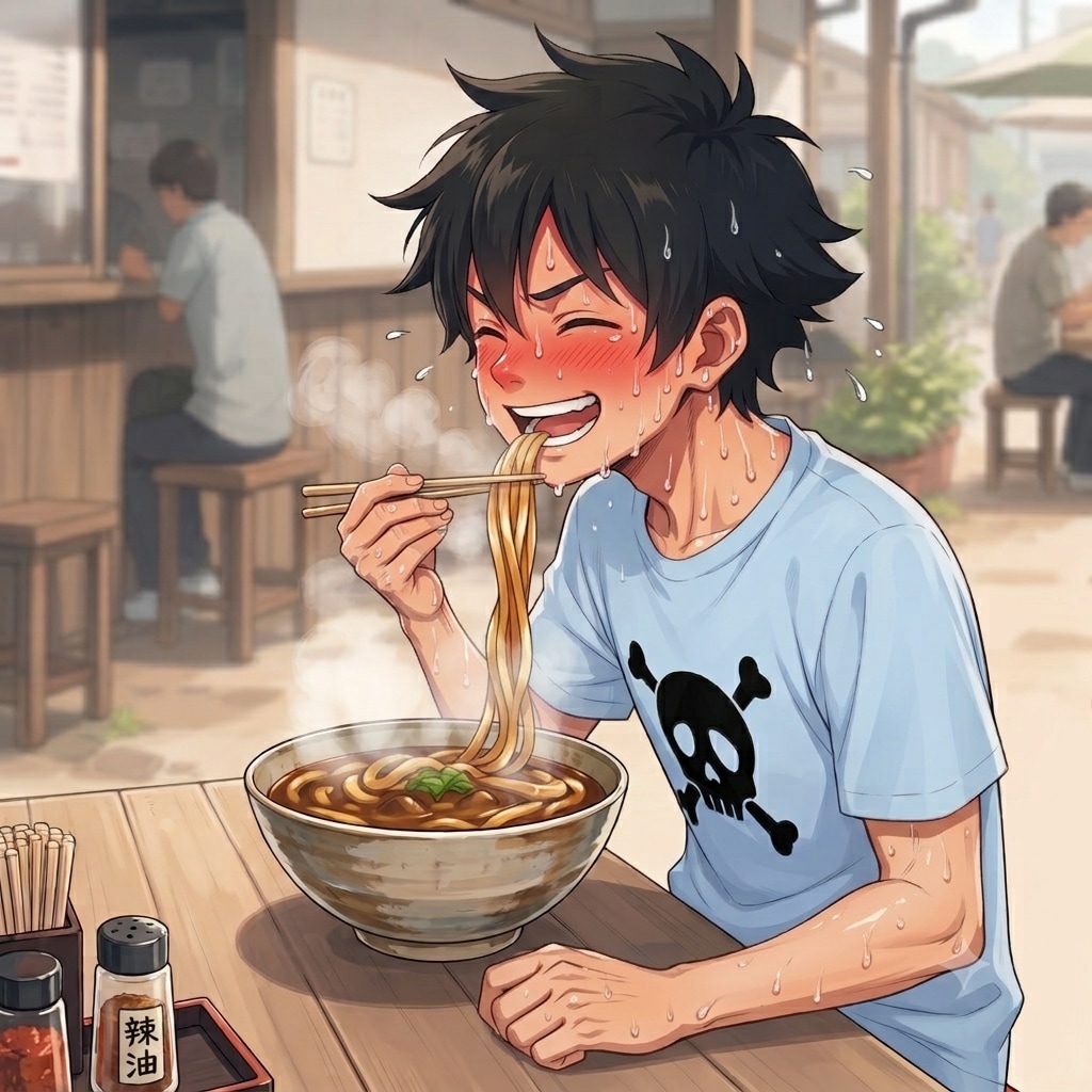 おいしそうにカレーうどんを食べる少年