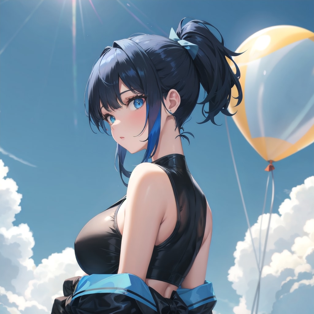 風船を持つ黒髪ポニーテール青いメッシュの髪色のセーラー服着た美少女 | の人気AIイラスト・グラビア