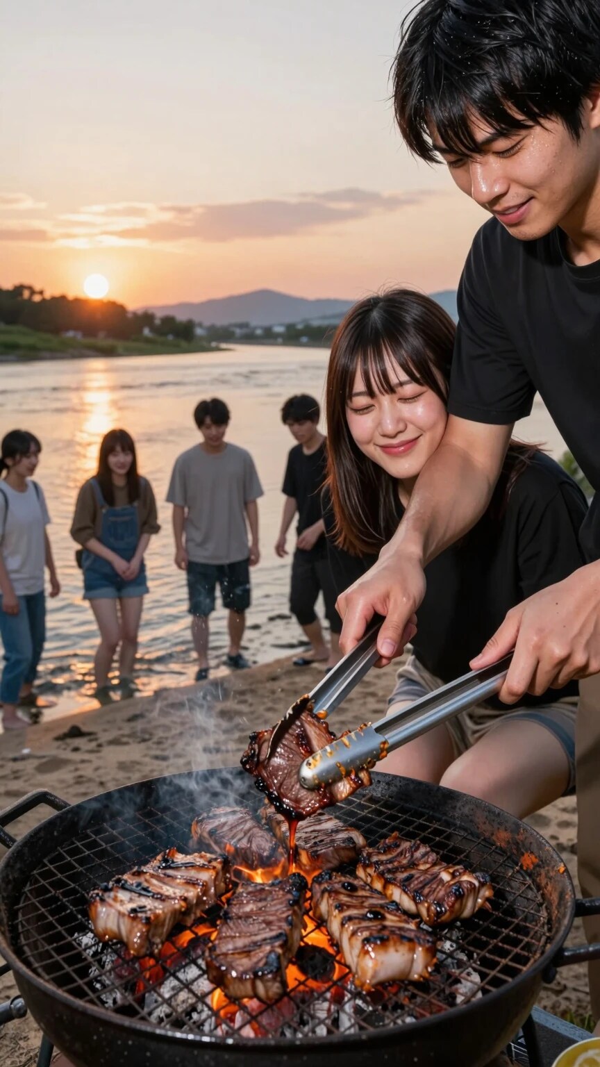 バーベキューする大学生