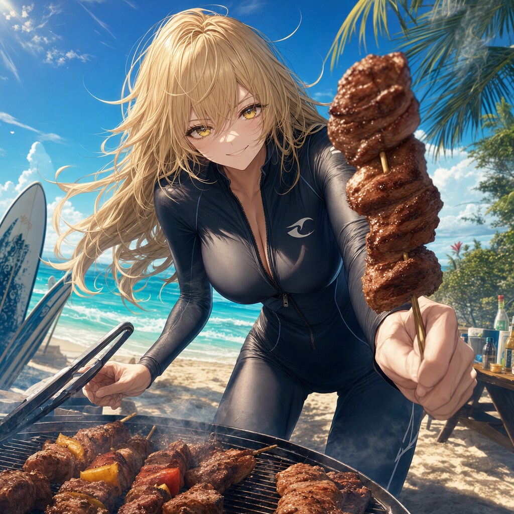 エリザベスと海でBBQ