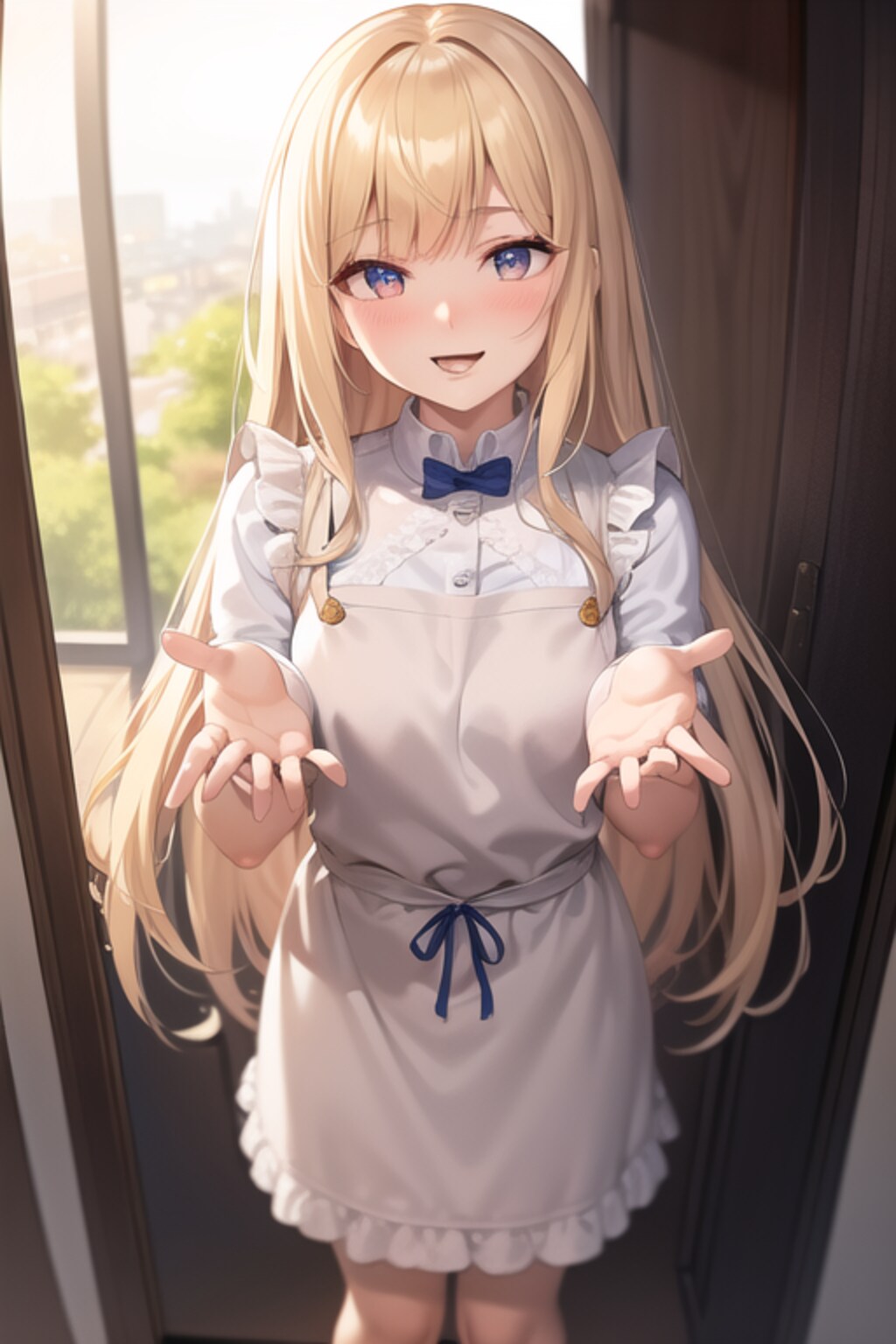 玄関で出迎える金色の髪の少女