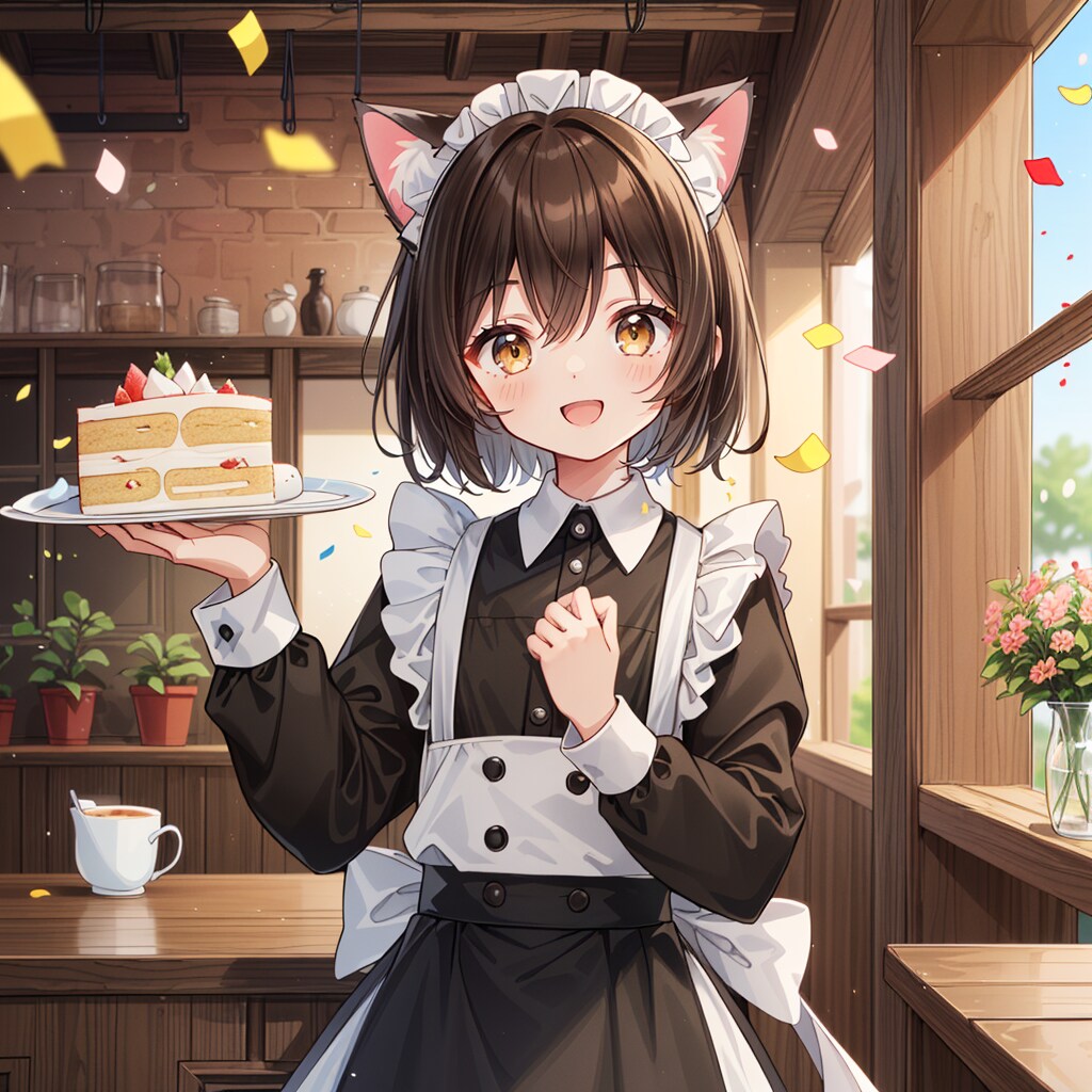ケーキを運んでいる喫茶店で働く猫娘