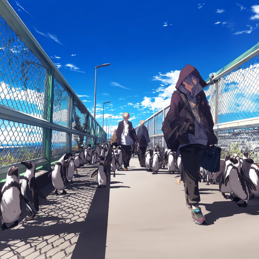 歩道橋を歩いているペンギンの群れ