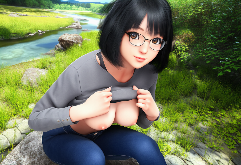 シャツをめくり上げて、おっぱいを見せてくれる眼鏡娘