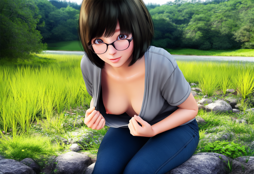 シャツをめくり上げて、おっぱいを見せてくれる眼鏡娘