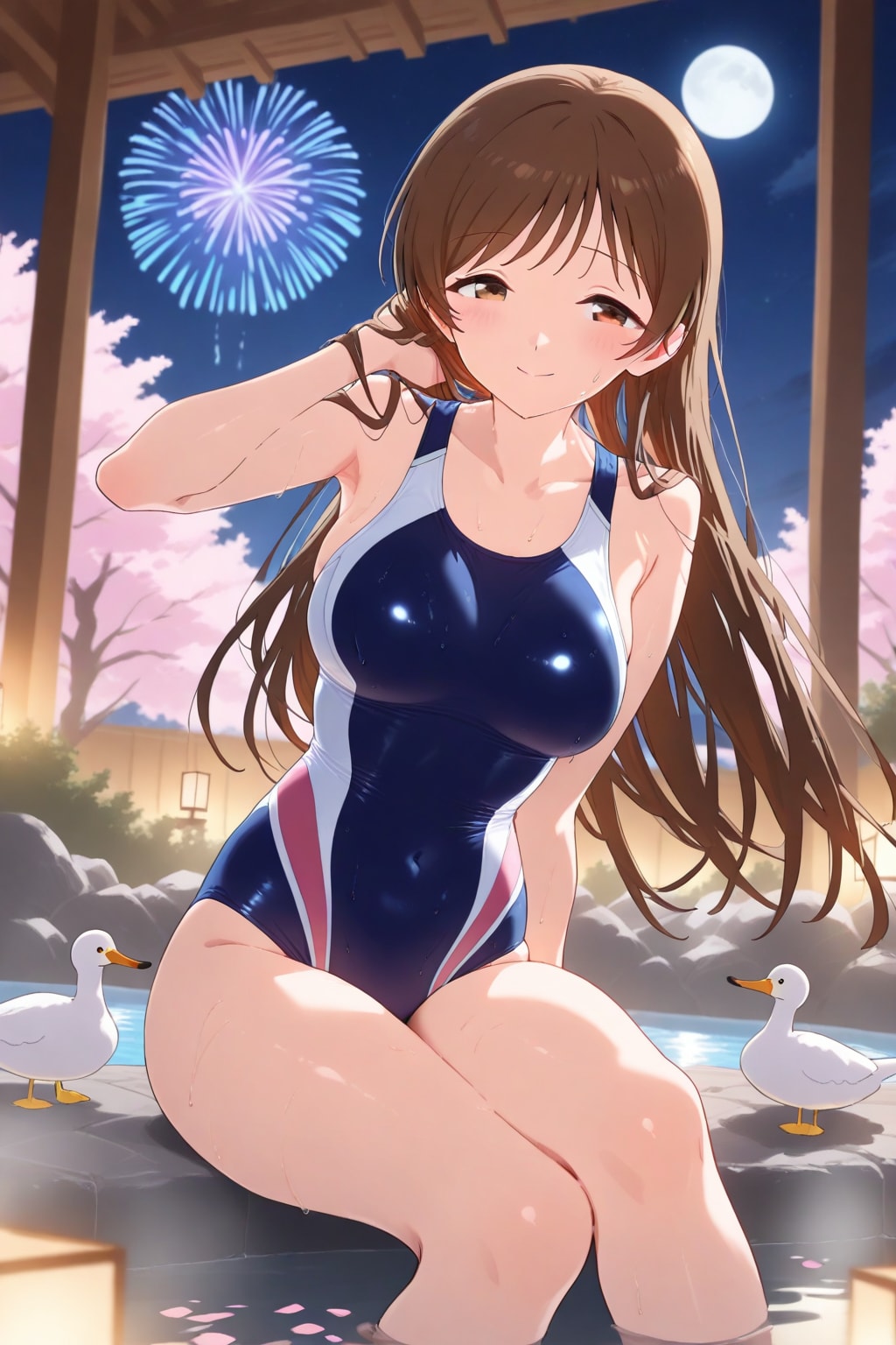 競泳水着の新田さんと夜桜