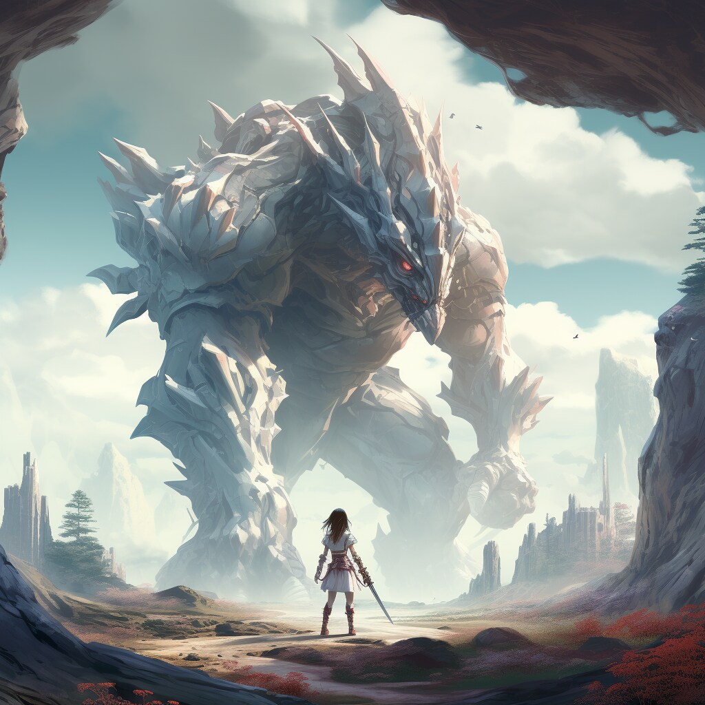 見上げるほど巨大な異形の怪物に一人立ち向かう少女　 / A girl alone confronts a gigantic, deformed monster so large that she ca