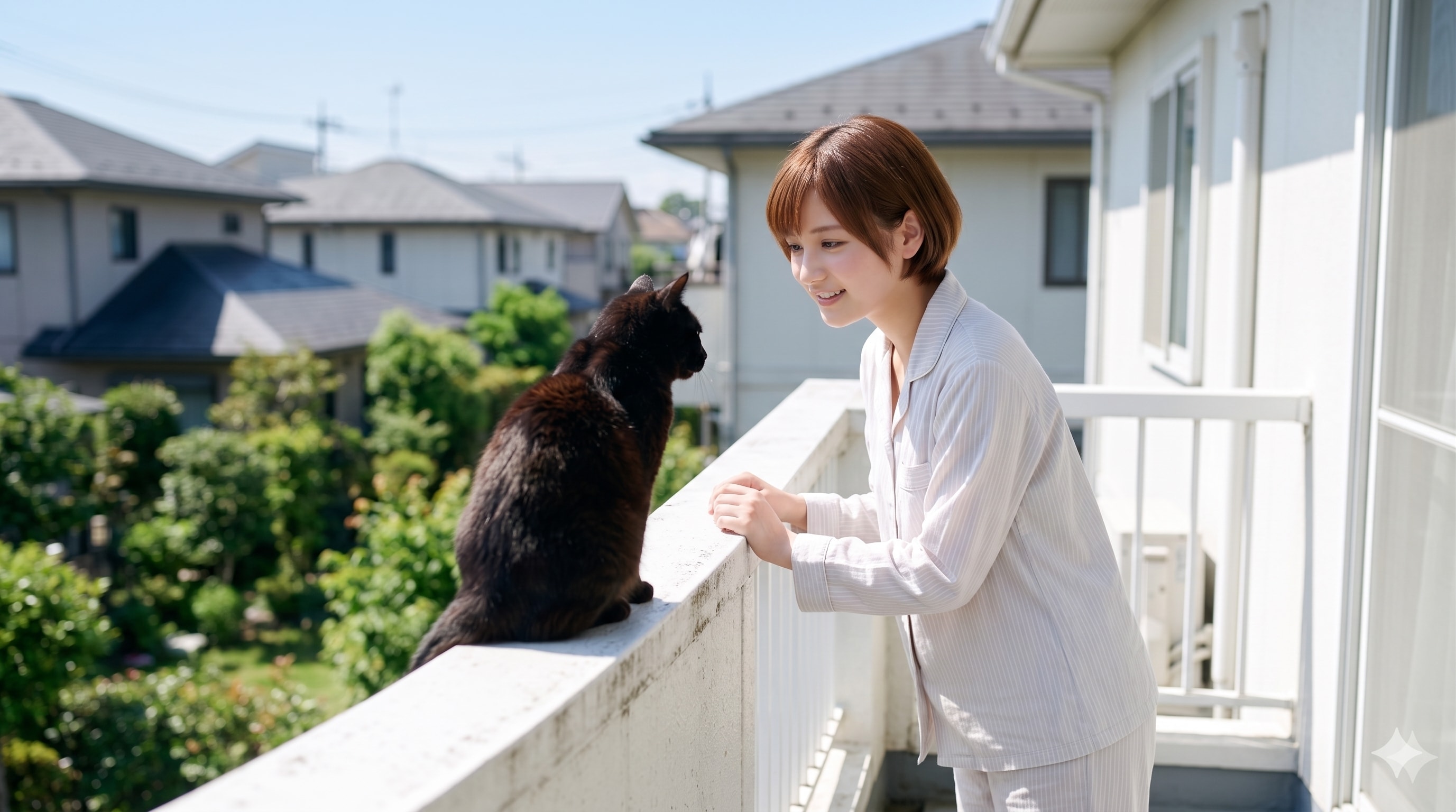 普通の美少女　朝のベランダ・クロネコ