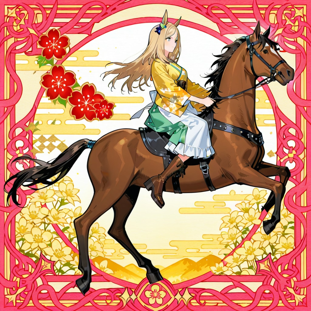 午年なので馬と馬に乗るのが上手いウマ耳の着物の少女