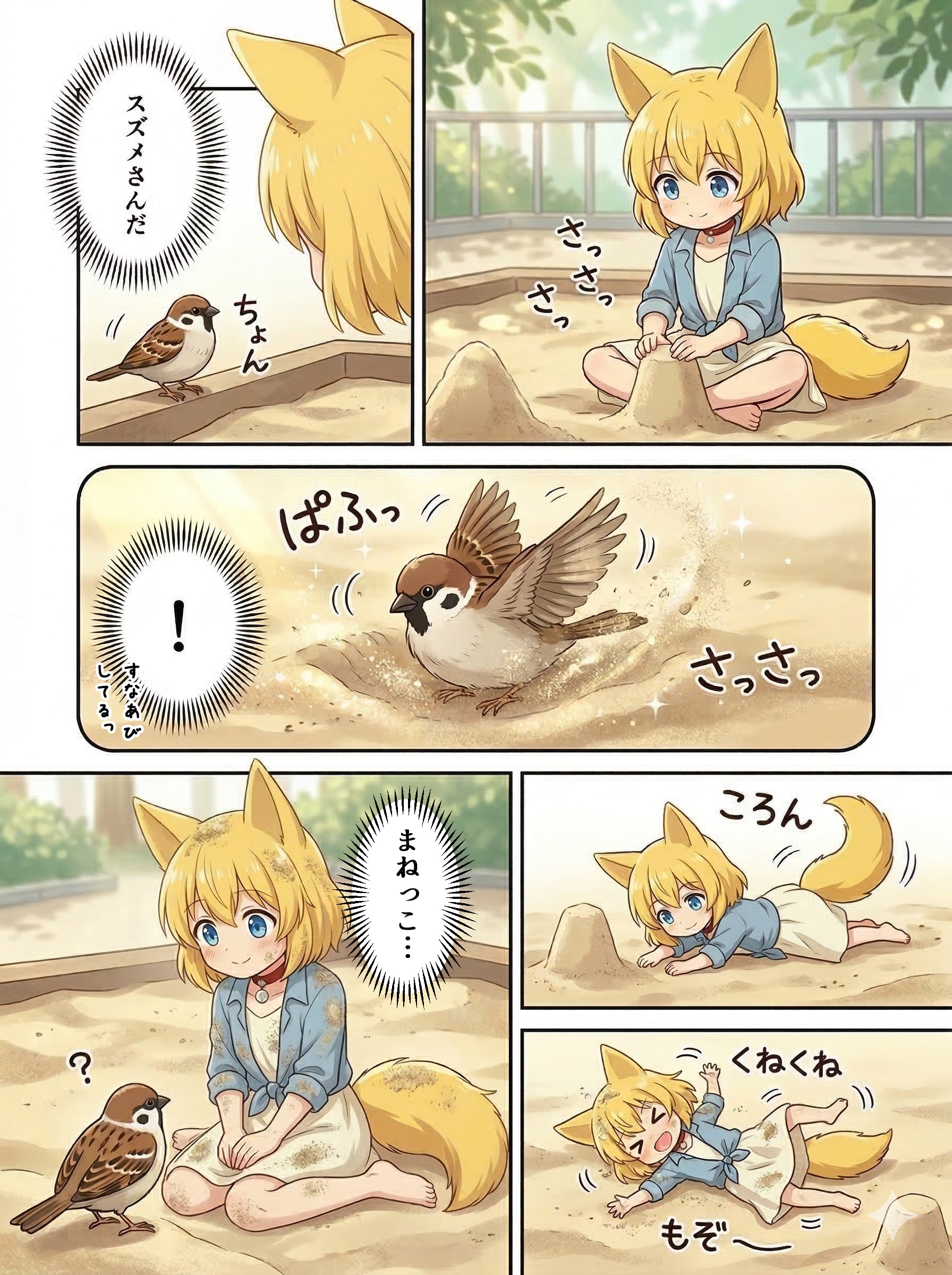 砂浴びするスズメさんと仲良くなりたいキツネ | の人気AIイラスト・グラビア