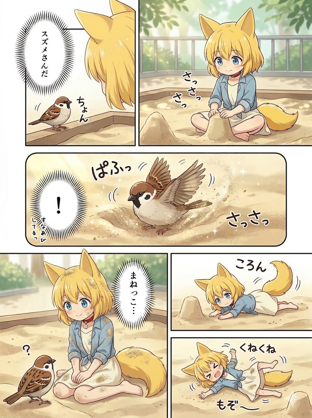 砂浴びするスズメさんと仲良くなりたいキツネ