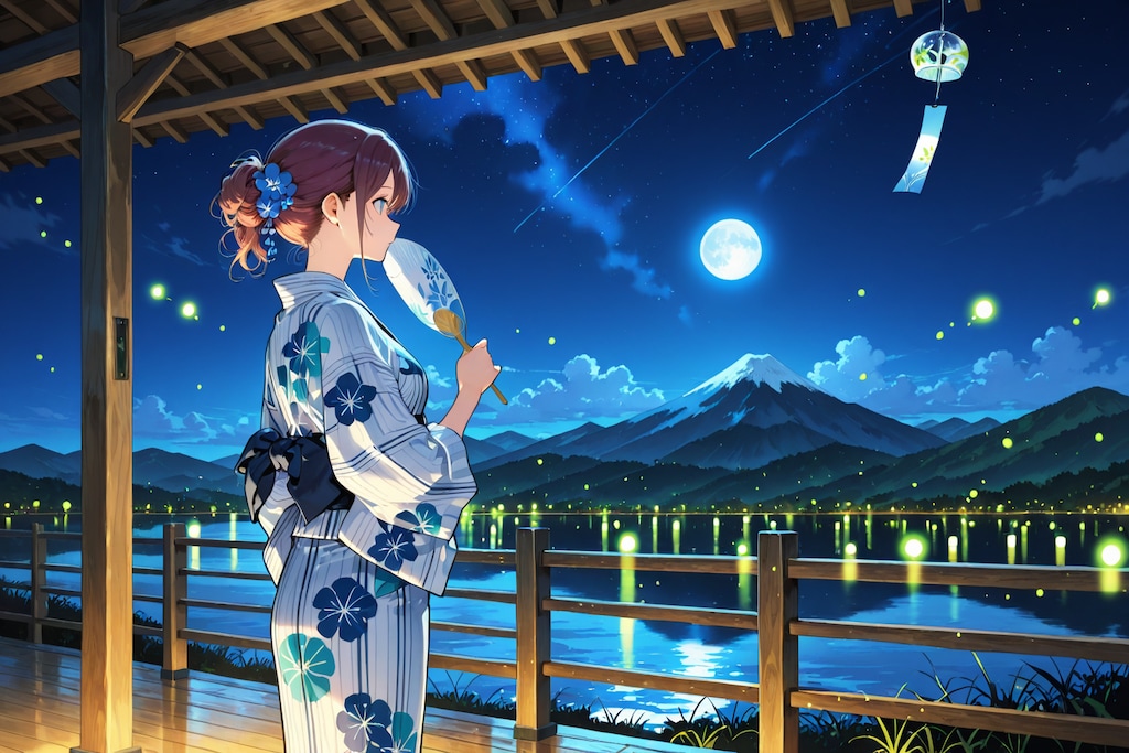 蛍舞う月灯りの湖畔