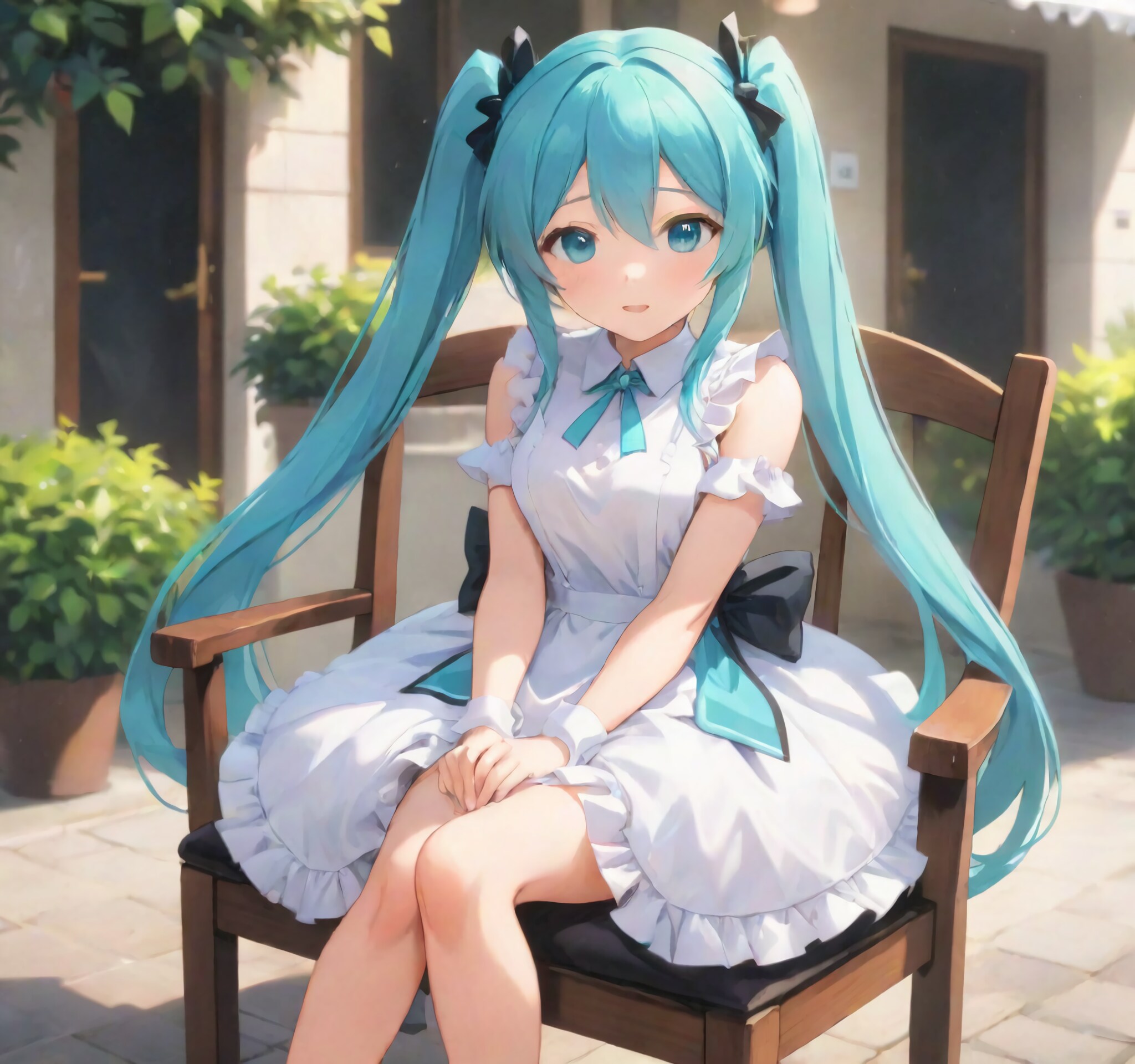 椅子に座るメイド服ミクさん