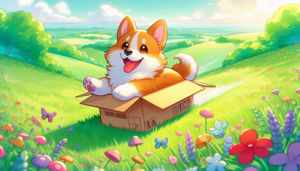 段ボールで遊ぶコーギー