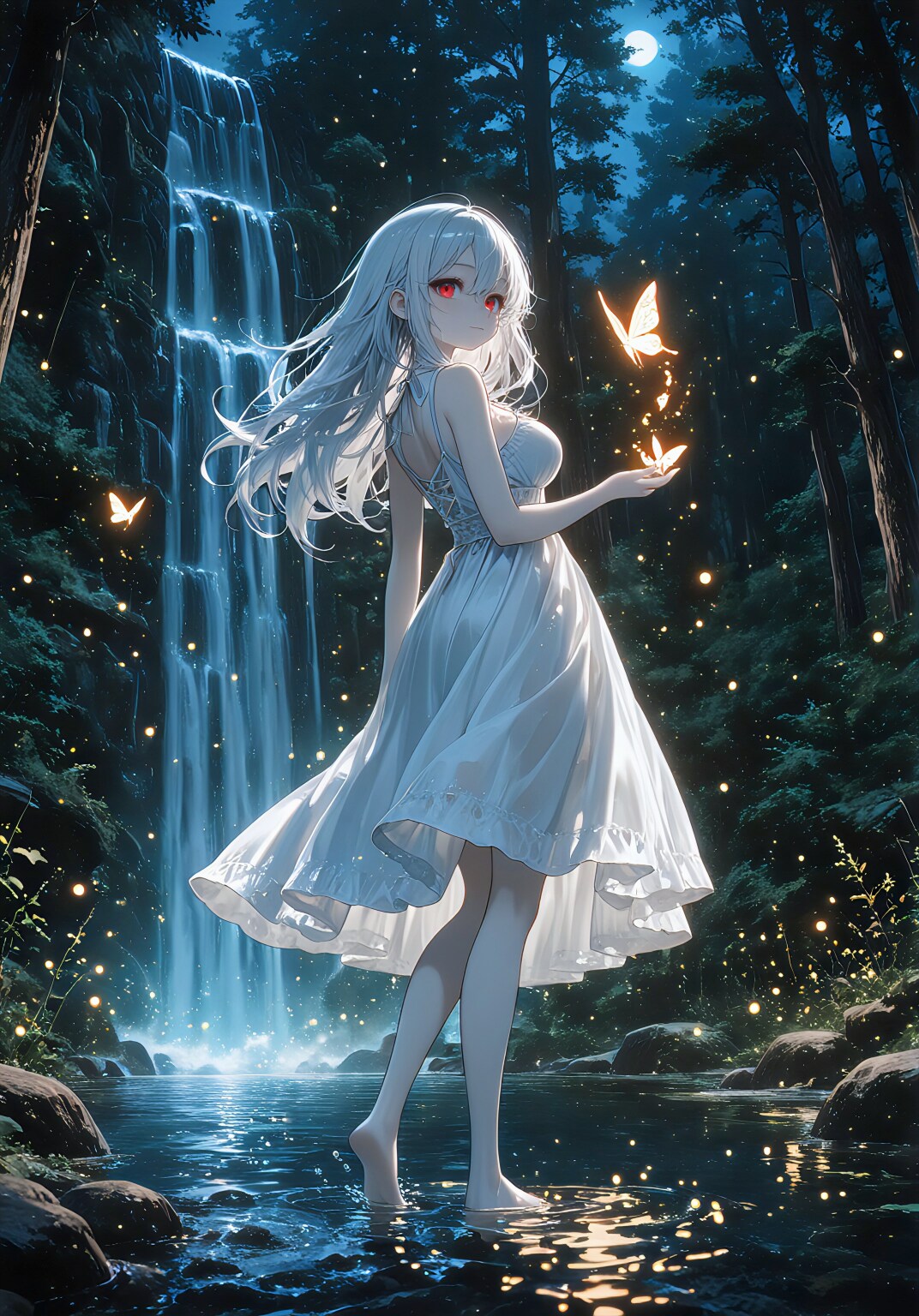 月瀑に舞う白き涼