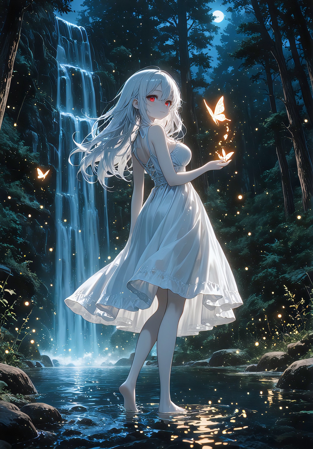 月瀑に舞う白き涼