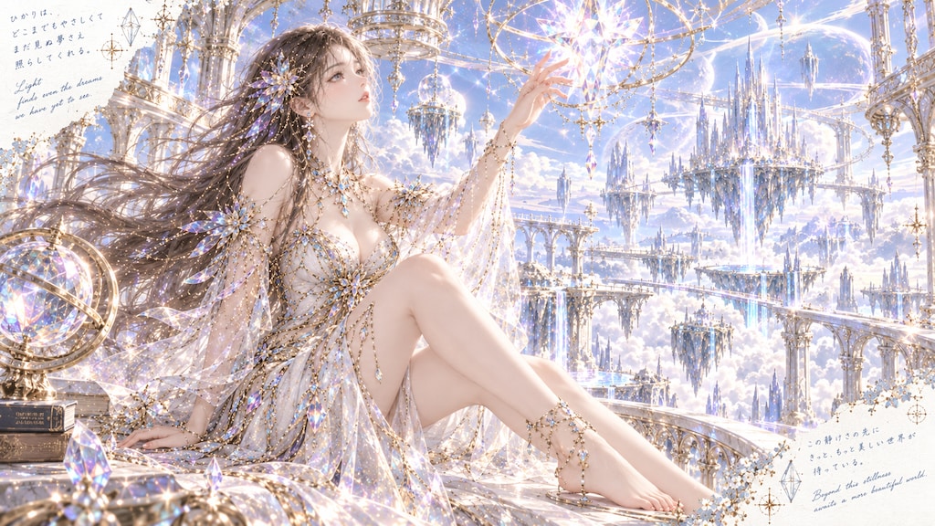 Reaching for a shard of starlight, crystal gown catching the light of a floating city.  Light finds