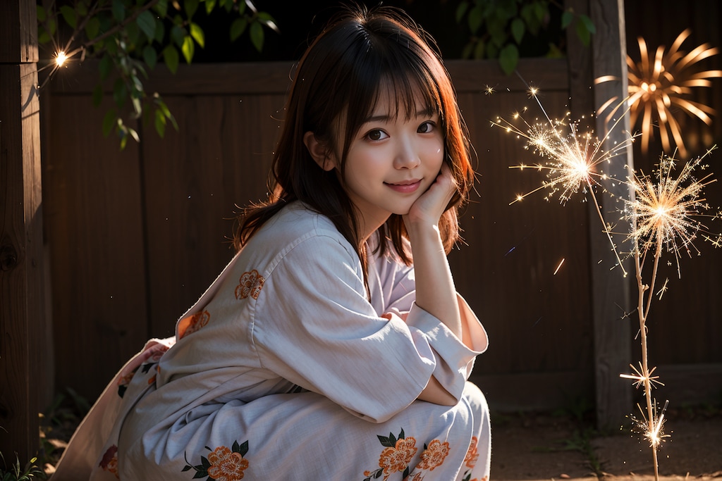 花火をする女性