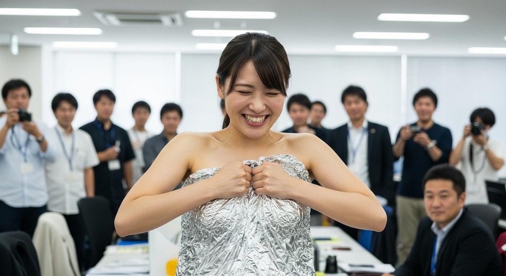 社内でアルミホイルだけを身にまとっている女性