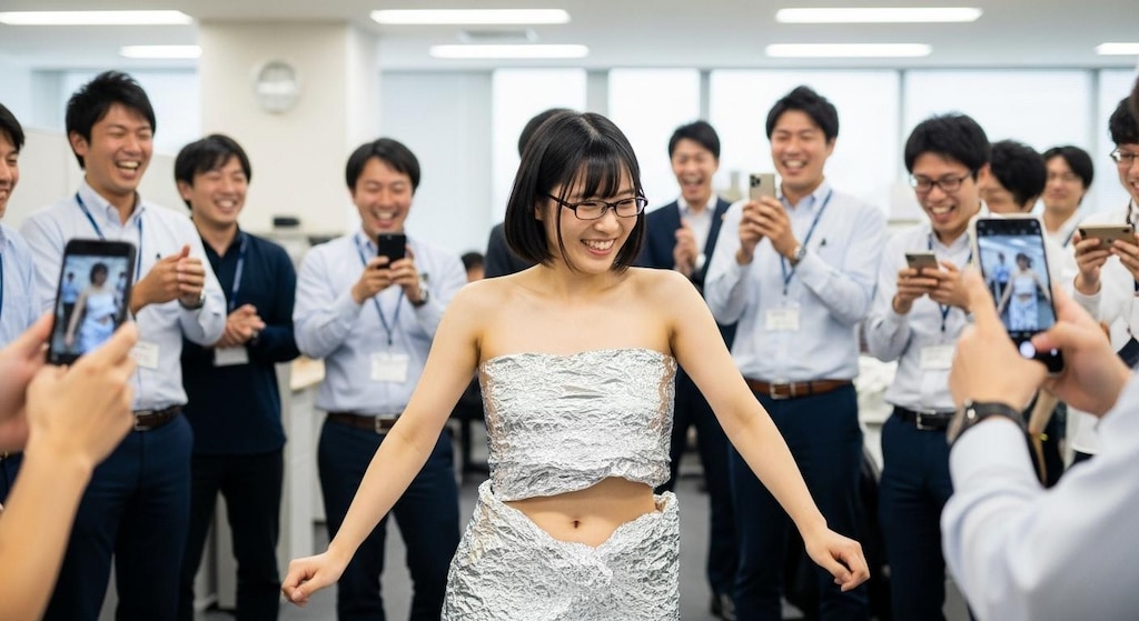 社内でアルミホイルだけを身にまとっている女性