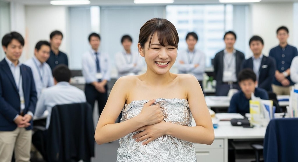 社内でアルミホイルだけを身にまとっている女性