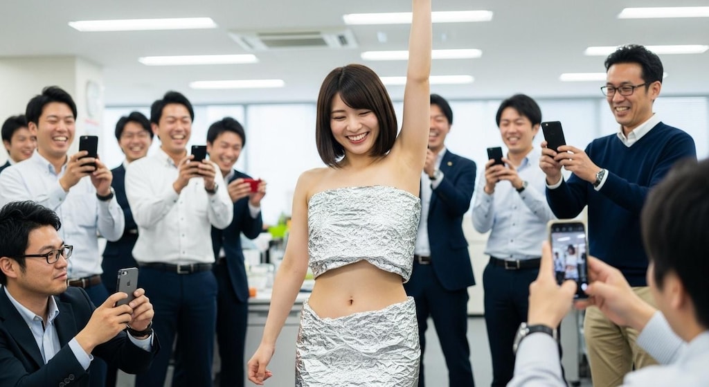 社内でアルミホイルだけを身にまとっている女性