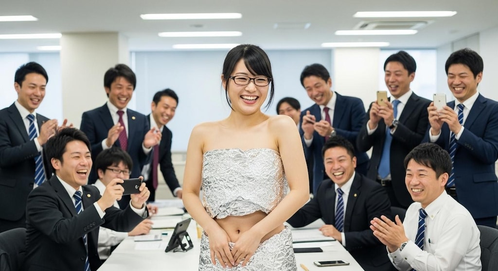 社内でアルミホイルだけを身にまとっている女性