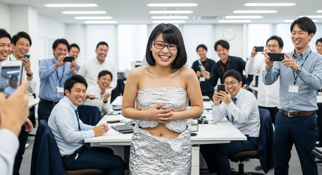 社内でアルミホイルだけを身にまとっている女性