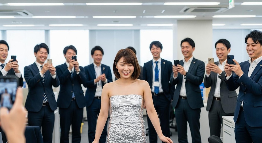 社内でアルミホイルだけを身にまとっている女性