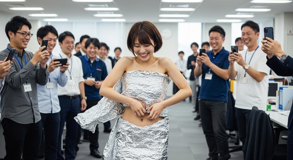 社内でアルミホイルだけを身にまとっている女性
