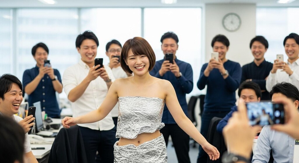 社内でアルミホイルだけを身にまとっている女性