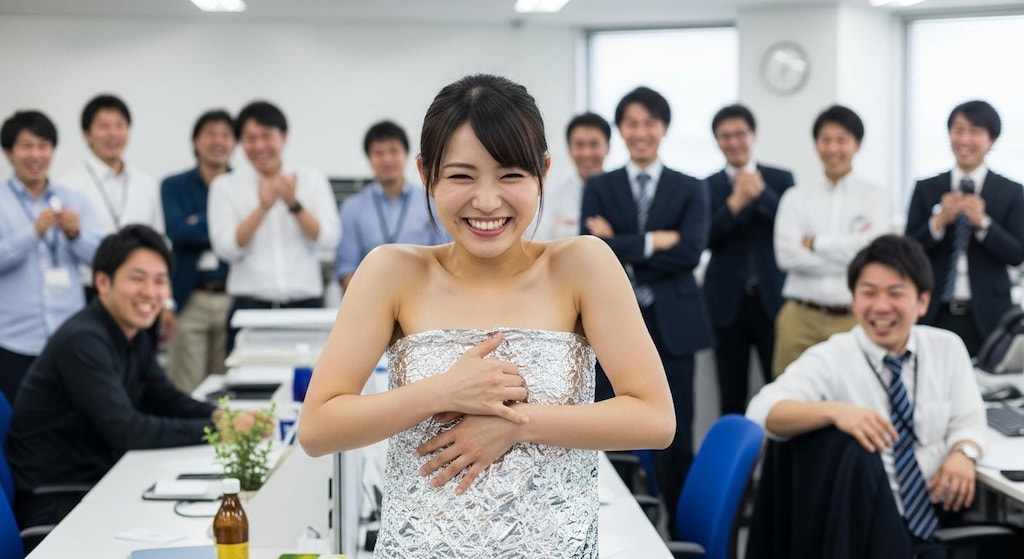社内でアルミホイルだけを身にまとっている女性