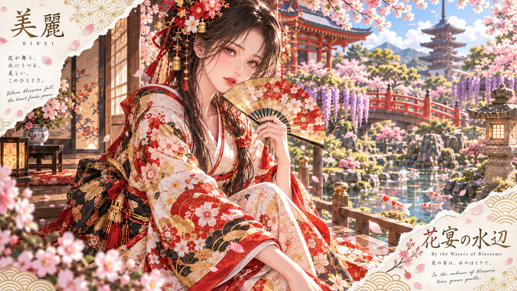 By the Waters of Blossoms  Where blossoms fall, the heart finds peace.  Beside a garden pond, she re | の人気AIイラスト・グラビア