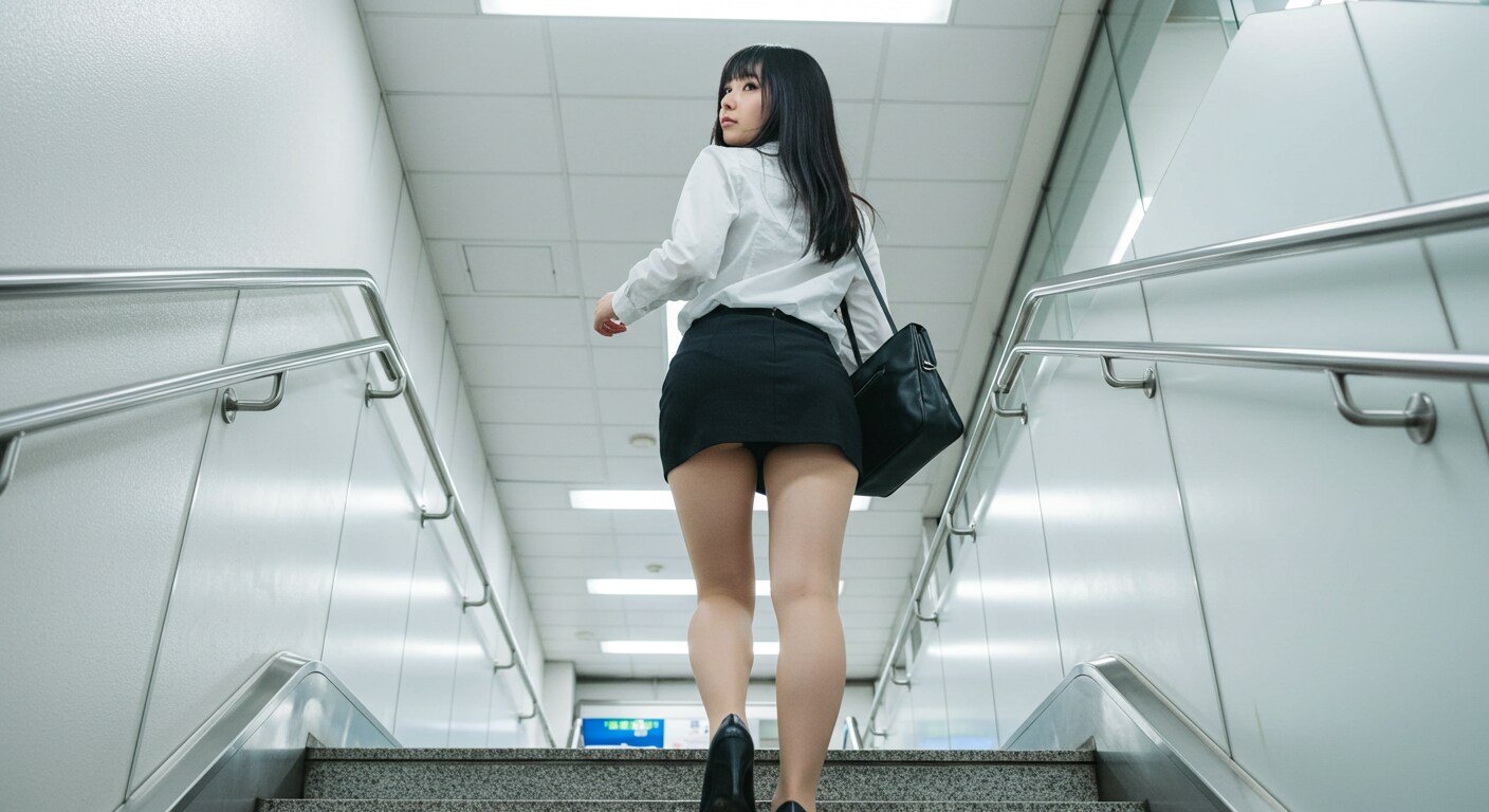 駅の階段を登る
