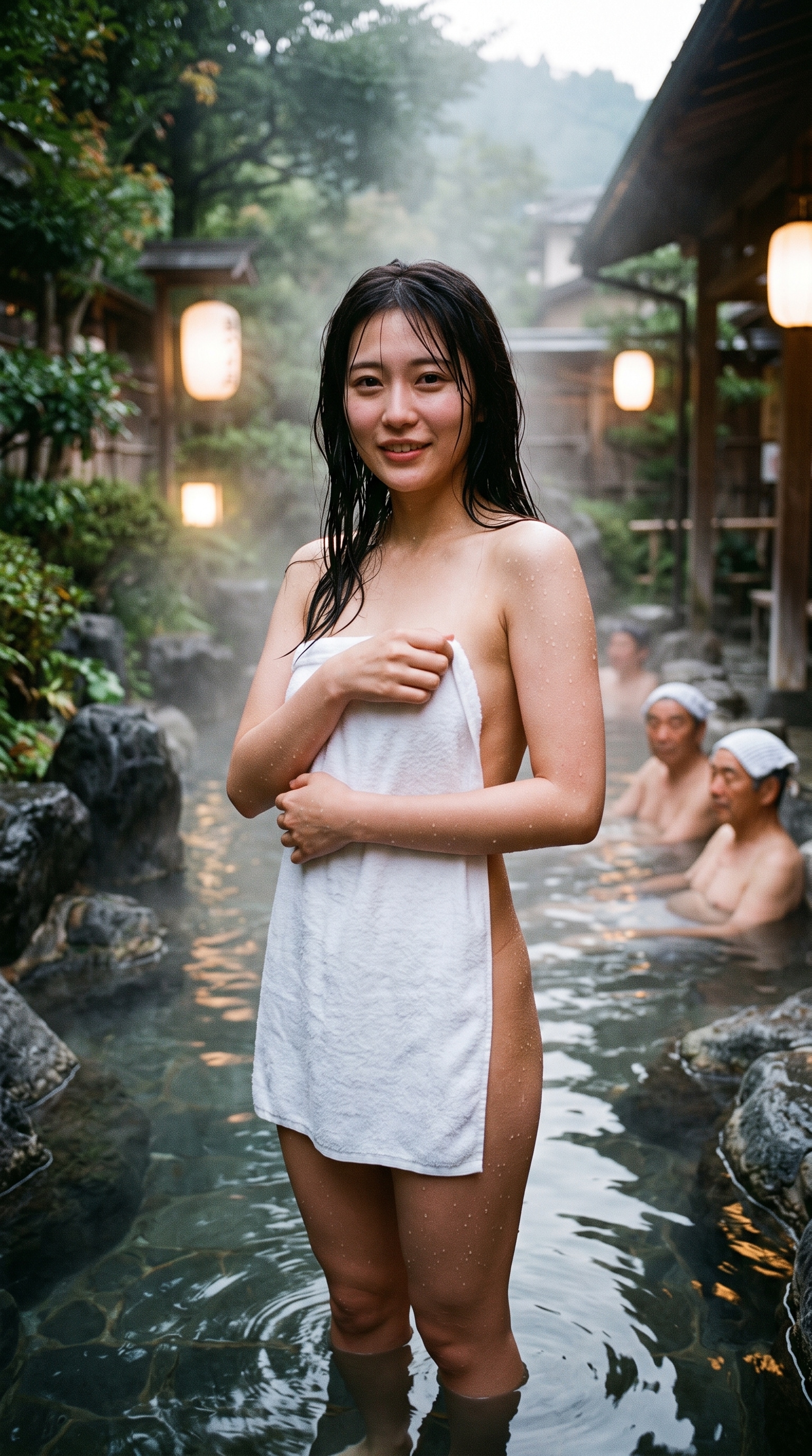 温泉でバスタオルを持ち