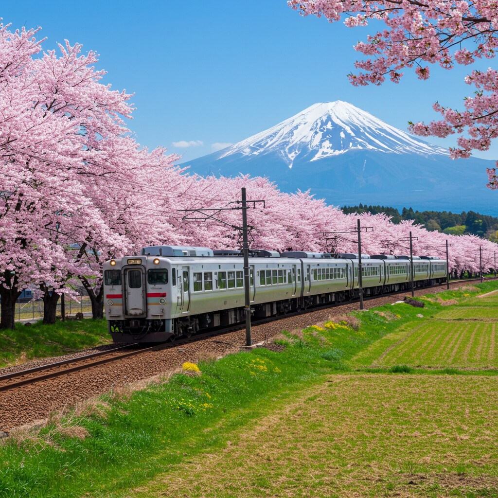 満開の桜と走る列車