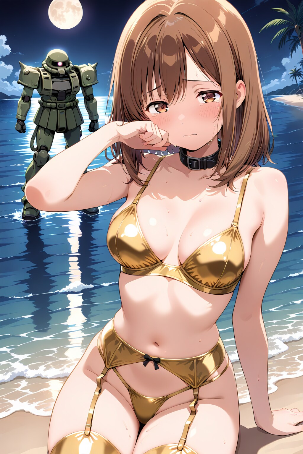 金色下着でザクと佇む茶髪女性(ちちぷい版)