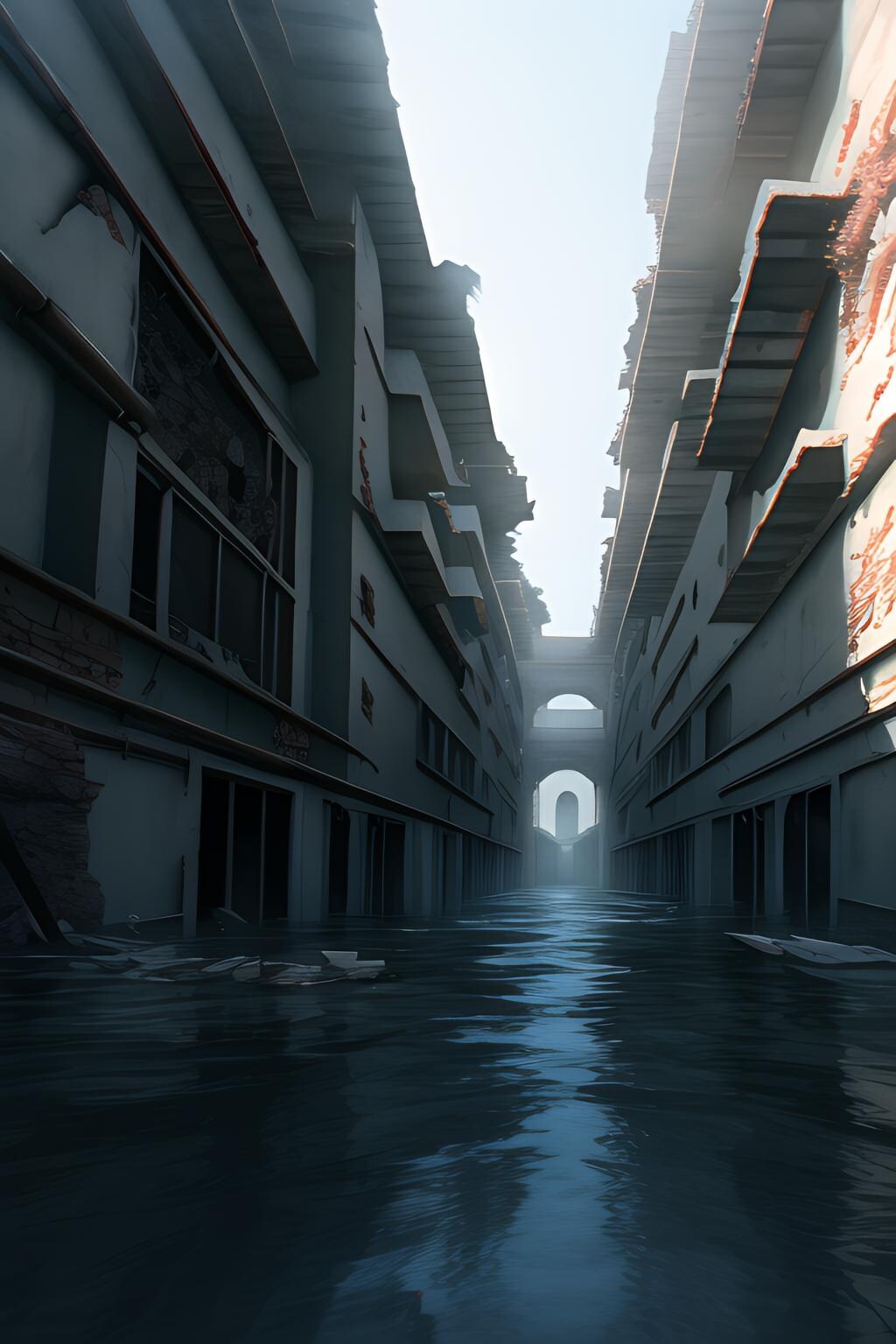 ＯＫな背景(浸水した廃墟の街)