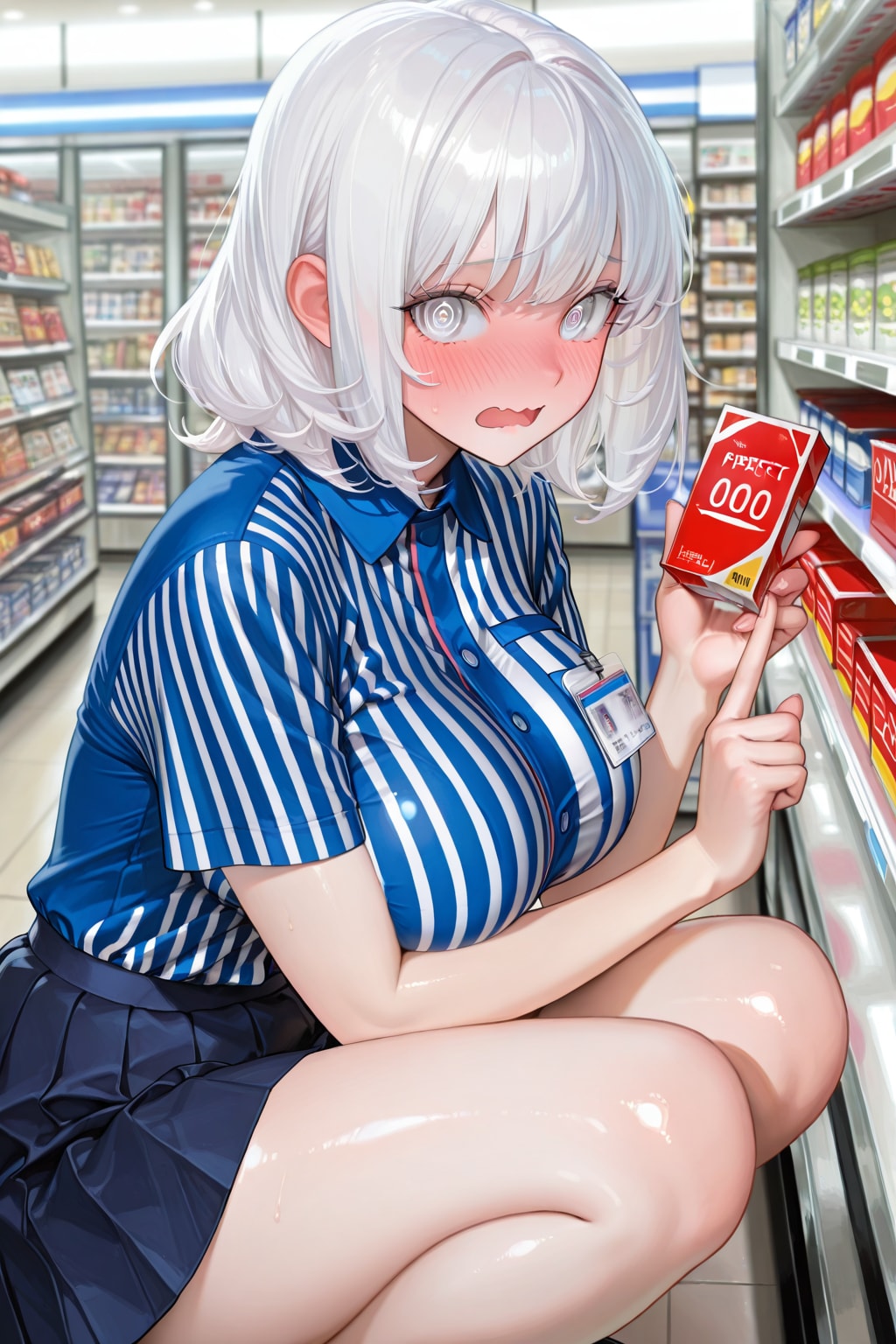 真っ赤になりながらアレの品出をする真っ白お姉さん