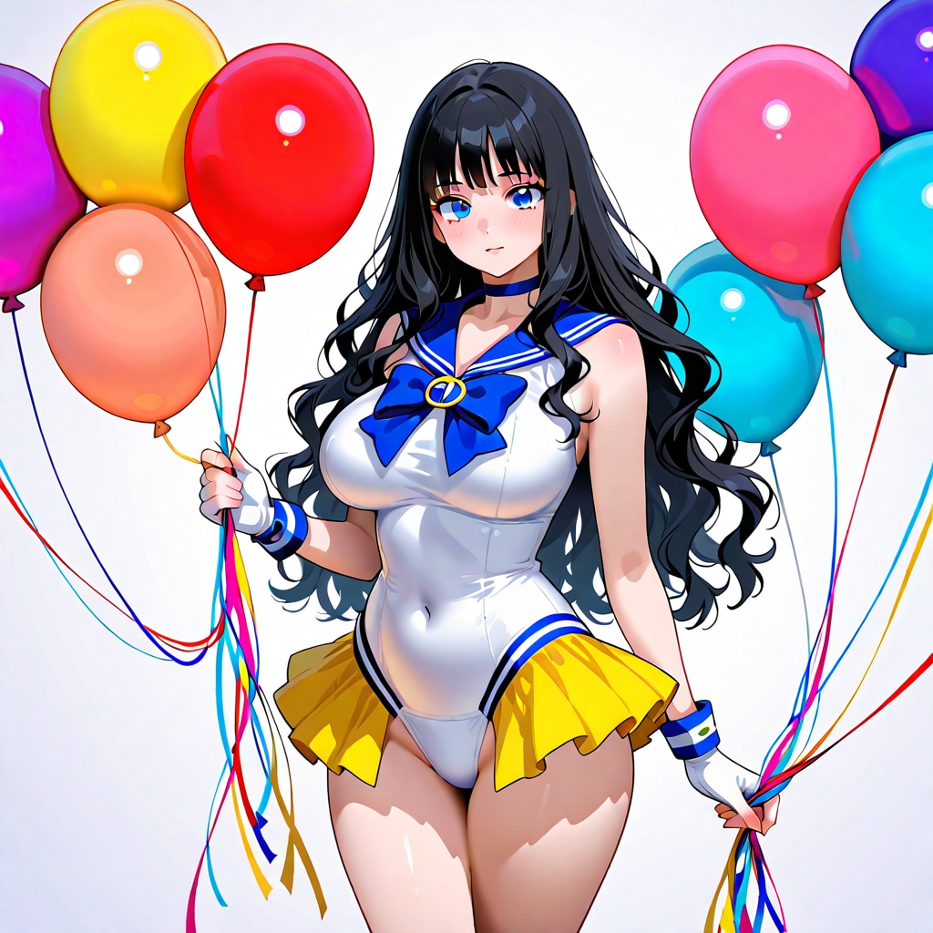 いっぱい色とりどりの風船を持つ黒髪ロングウェーブヘアの夏服のセーラー服着た美少女