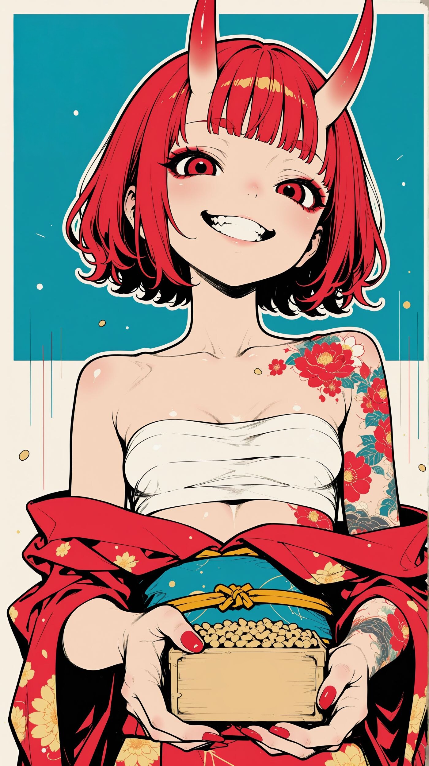 豆まきする鬼姉妹（姉：阿鬼）