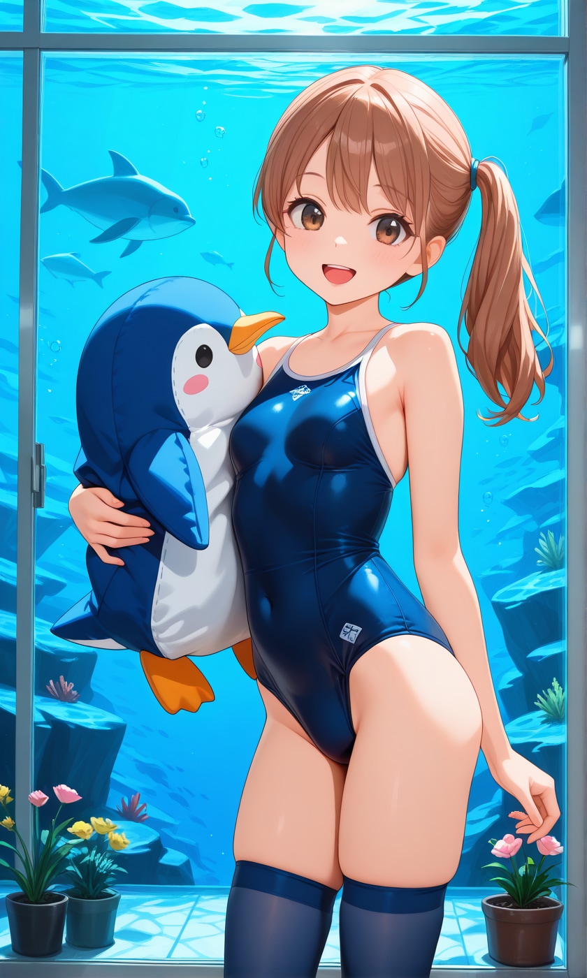 ペンギンのぬいぐるみを持つスク水サイドポニー女子