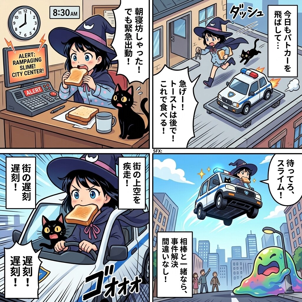 空飛ぶ魔女パトカーの朝の出動