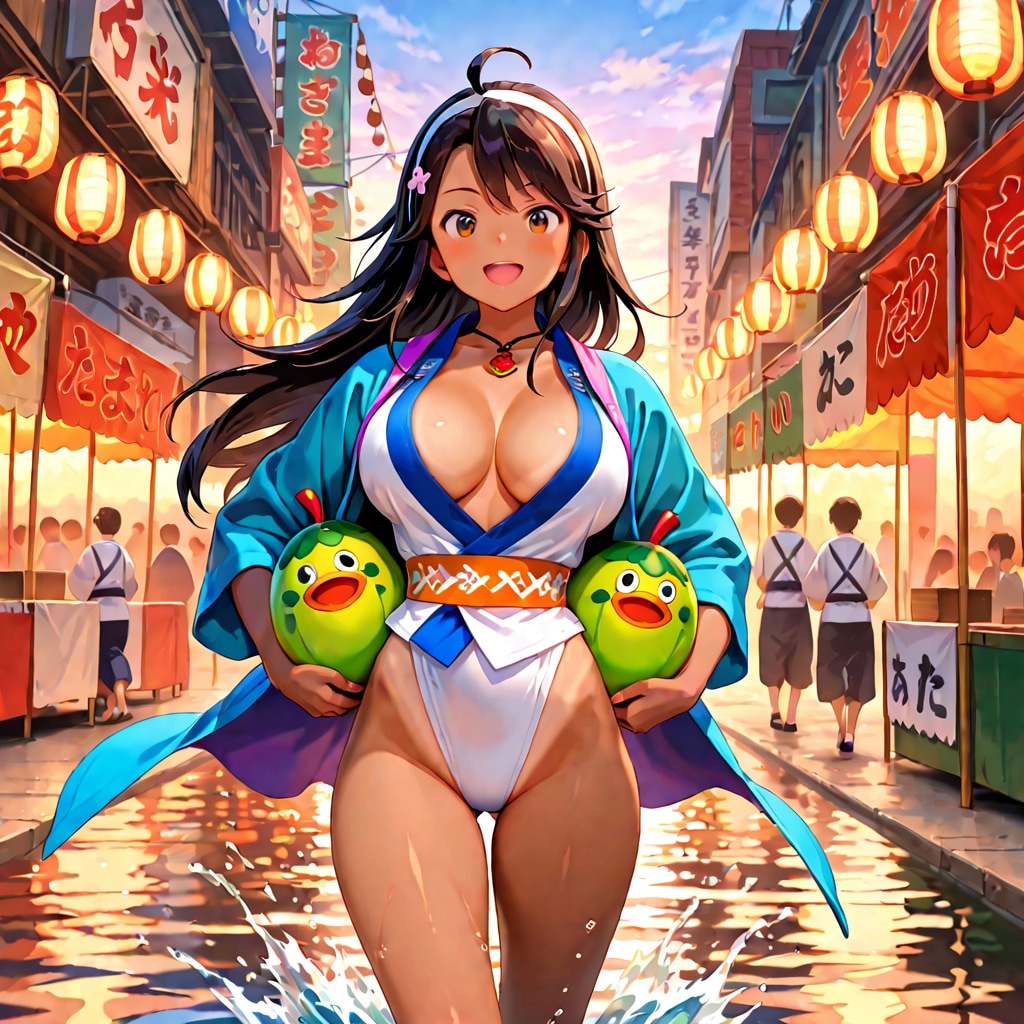 夏祭り中のリゾート地で出会ったセクシー法被姿のアホ毛日焼け美女！