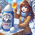 ビールが噴き上がる雪像を作る女の子 5枚目