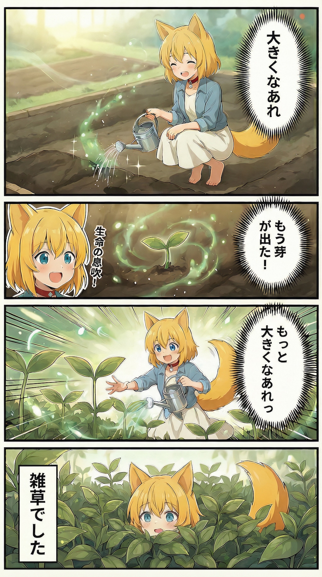 足裏に伝わるひんやりした土の感触を確かめつつ畑に野菜の種をまいて早く大きくなあれと魔法の言葉を唱えながら銀色のじょうろを傾けて冷たい水を…