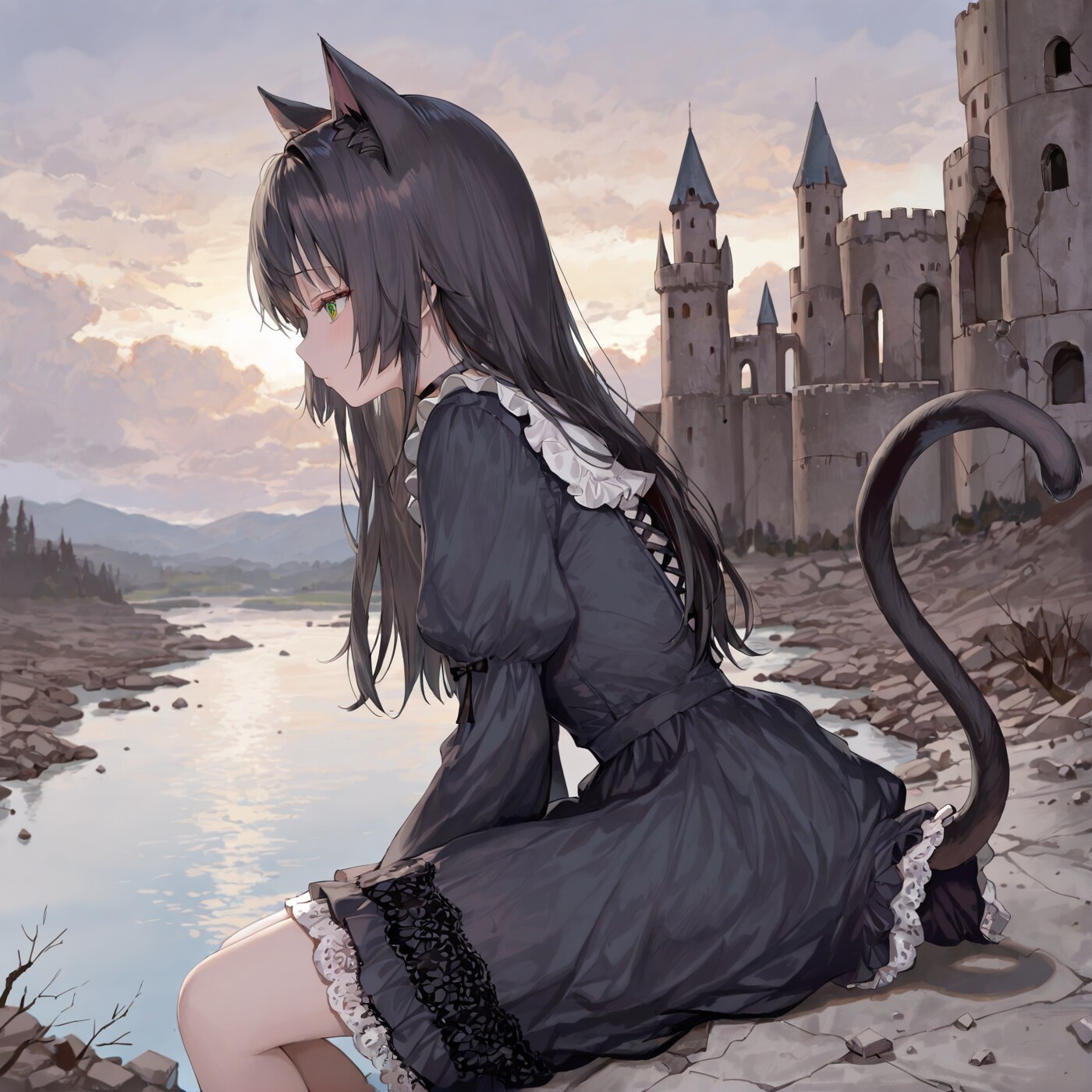廃墟の城と黒猫ちゃん